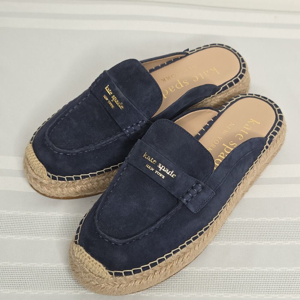 Kate Spade Eastwell Mule 7 Navy Suede Espadrille Loafer Mule Womens